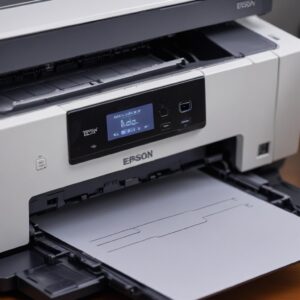 Tampilan close-up dari panel kontrol printer Epson L3210 dengan lampu indikator berkedip, menunjukkan pesan error. Tangan seseorang menunjuk ke lampu tersebut.