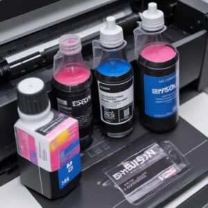 Tampilan close-up dari sebuah printer Epson L Series, menunjukkan bagian tangki tinta yang sedang diisi ulang dengan tinta botolan pigment atau art paper ink. Fokus pada botol tinta dan wadah tangki.