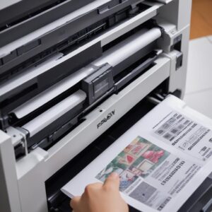 Tampilan close-up dari tangan yang sedang membersihkan roller penarik kertas pada printer Epson L3210 menggunakan kain bersih dan cairan pembersih.