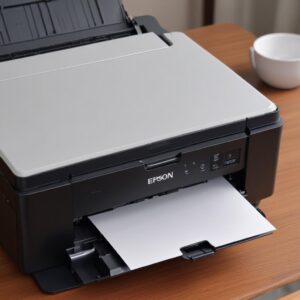 Tampilan close-up dua printer Epson L3210 dan L3110 yang diletakkan bersebelahan di atas meja, menyoroti perbedaan detail desain bodi dan tangki tinta. Pencahayaan terang dan fokus pada printer.