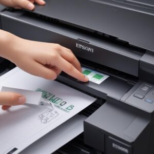 Tampilan close-up seorang teknisi dengan sarung tangan lateks putih sedang membersihkan sensor optik kecil di dalam printer Epson L3210 menggunakan cotton bud dan sedikit cairan pembersih. Fokus pada detail sensor dan kehati-hatian.