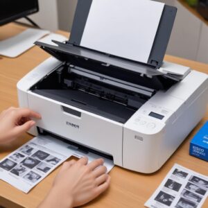 Tampilan close-up tangan sedang memegang kemasan tinta original Epson, di depannya ada printer Epson L3210 yang bersih dan terawat. Layar MacBook di sampingnya menampilkan desktop bersih.