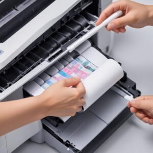 Tampilan close-up tangan yang sedang membersihkan roller penarik kertas pada printer Epson L3210 dengan cotton bud, menunjukkan detail mekanisme internal yang mungkin menjadi penyebab masalah.