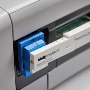 Tampilan close-up tangan yang sedang mencolokkan kabel USB printer ke port belakang komputer desktop lama dengan logo Windows XP di sampingnya.