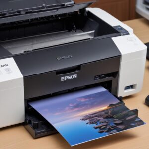 Tampilan close-up tangan yang sedang menggunakan software resetter Epson di layar komputer, dengan printer Epson L3210 di sebelahnya dan lampu indikatornya berkedip.
