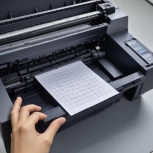 Tampilan hasil Nozzle Check yang menunjukkan pola grid dengan beberapa garis terputus atau hilang, dipegang di depan printer Epson L3210.