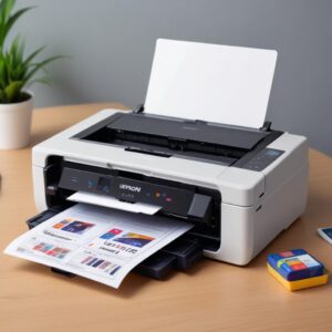 Tampilan printer Epson L3210 dari atas, menunjukkan empat tangki tinta yang terbuka dengan warna berbeda. Ada label warna yang jelas di samping setiap tangki.
