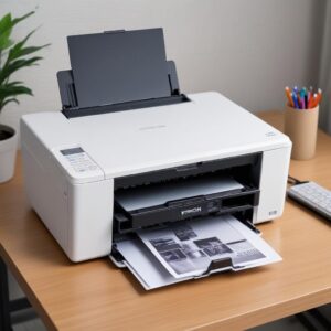 Tampilan printer Epson L3210 yang modern dan ringkas di atas meja kerja, dengan kabel USB terpasang ke laptop, siap untuk digunakan setelah instalasi driver.