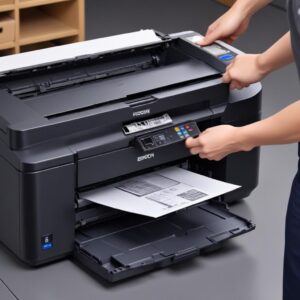 Tangan membersihkan roller kertas di dalam printer Epson L3210 dengan hati-hati.