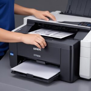 Tangan menunjuk ke arah pilihan model printer Epson yang beragam (L3110, WorkForce Pro) di layar komputer dengan logo Multi Print di latar belakang.