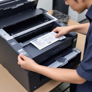 Tangan pengguna sedang menekan tombol di menu maintenance driver printer Epson L3210 pada layar komputer, menunjukkan opsi'Head Cleaning' yang dipilih.