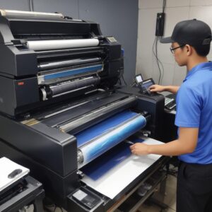 Tangan sedang melakukan proses Head Cleaning atau Power Ink Flushing dari antarmuka software printer di layar komputer.