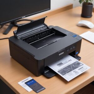 Tangan sedang memasang kabel USB printer Epson L3210 ke port USB di laptop, dengan tampilan layar komputer menunjukkan pop-up instalasi driver yang sedang berjalan, menekankan konektivitas dan proses instalasi.