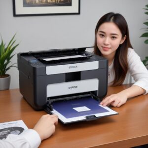 Tangan sedang membandingkan harga Epson L3210 di laptop dengan sebuah brosur dari toko fisik, menunjukkan opsi online dan offline.