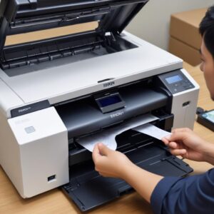 Tangan sedang membersihkan bagian dalam printer Epson L3210 menggunakan cotton bud, fokus pada area sensor, dengan latar belakang lingkungan kerja yang rapi.