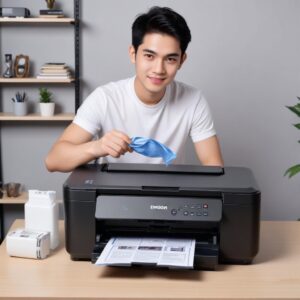 Tangan sedang membersihkan bagian luar printer Epson L3210 dengan kain microfiber, menunjukkan perawatan rutin yang baik, dengan latar belakang lingkungan kantor yang rapi.