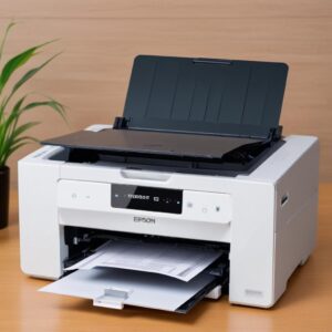Tangan sedang membersihkan kaca scanner printer Epson L3210 dengan kain microfiber, menunjukkan debu tipis di permukaan kaca.