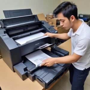 Tangan sedang membersihkan roller penarik kertas di dalam printer Epson L3210 menggunakan kain bersih dan sedikit air, menunjukkan perhatian pada detail.