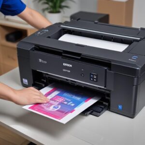 Tangan sedang membuka tutup printer Epson untuk memeriksa level tinta. Gambar cerah dengan fokus pada bagian internal printer dan kartrid tinta.