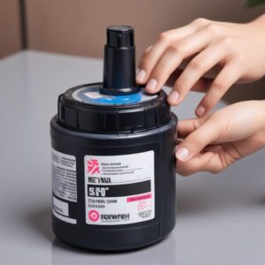 Tangan sedang memegang cartridge tinta dan satu tangan lagi memegang toner, menunjukkan perbedaan bentuk dan ukuran.