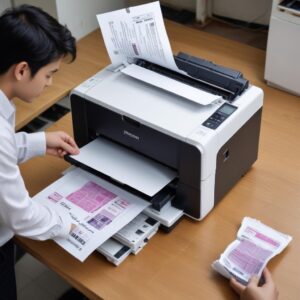 Tangan sedang menarik kertas yang macet dari printer Epson L3210 dengan hati-hati.