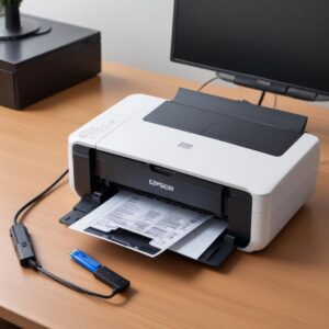 Tangan sedang mencabut kabel USB dari printer Epson L3210 dan laptop yang terbuka dengan layar instalasi driver.