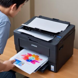 Tangan sedang mencetak dokumen atau foto berwarna menggunakan Printer Epson L3210 Ink Tank, menyoroti kualitas cetak.