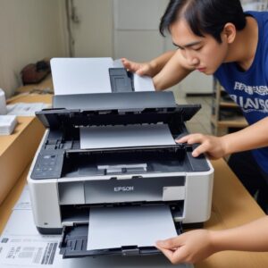 Tangan sedang mengecek fisik printer Epson L3210 bekas, memastikan tidak ada retakan atau kerusakan pada bodi dan engsel.