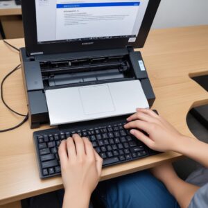 Tangan sedang mengetik di keyboard laptop yang terhubung ke printer Epson L3210 melalui kabel USB, menunjukkan kemudahan konektivitas dan penggunaan printer untuk pekerjaan sehari-hari.