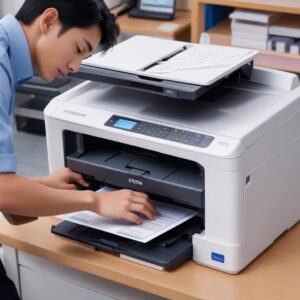 Tangan sedang menggunakan fitur ADF (Automatic Document Feeder) pada printer Epson untuk memindai tumpukan dokumen. Terdapat tampilan antarmuka software scan di layar komputer.