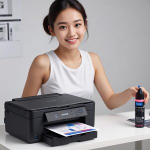 Tangan sedang mengisi ulang tangki tinta Epson EcoTank dengan botol tinta original 003, menunjukkan sistem pengisian yang mudah dan bersih. Warna tinta cerah dan jelas.
