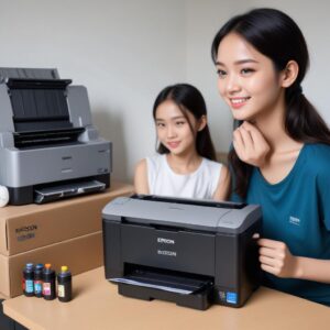 Tangan sedang mengisi ulang tangki tinta printer Epson EcoTank dengan botol tinta asli Epson 003, menunjukkan kemudahan dan kebersihan proses pengisian.