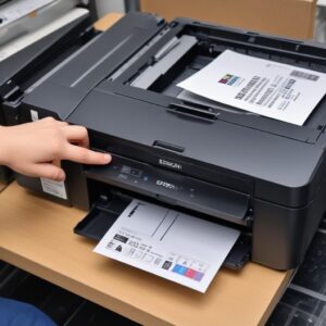 Tangan sedang mengisi ulang tinta ke tangki printer Epson L3210, dengan botol tinta asli Epson yang diletakkan di meja. Latar belakang menunjukkan hasil cetakan nozzle check yang sempurna.