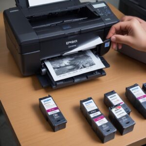 Tangan sedang mengisi ulang tinta original Epson ke tangki printer, dengan latar belakang lingkungan kerja yang bersih dan terawat. Menekankan pentingnya perawatan dan tinta original.