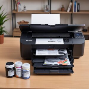 Tangan sedang menuangkan tinta Epson 003 dari botol ke tangki tinta printer Epson L3210 dengan hati-hati, menunjukkan proses pengisian ulang yang mudah dan bersih.