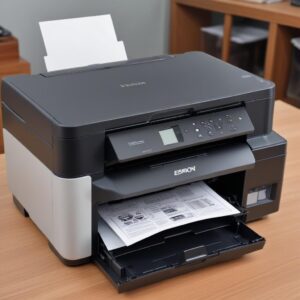 Tangan seseorang sedang membersihkan bagian luar printer Epson L3210 dengan kain mikrofiber, menunjukkan proses perawatan printer. Di sebelahnya ada beberapa botol tinta dan dokumen hasil scan yang rapi.