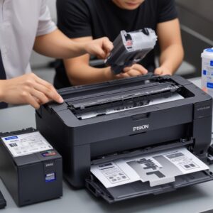 Tangan seseorang sedang memegang botol tinta dan mengisi ulang tangki tinta pada printer Epson L3210, menunjukkan proses maintenance dasar yang penting.</p>
<p>“><br /> Menggunakan resetter memang solusi cepat, tapi perawatan fisik printer juga nggak kalah pentingnya. Terutama jika kamu menggunakan printer untuk kebutuhan cetak yang sangat banyak setiap harinya.</p>
<h3>6. Jurus Keenam: Periksa Kabel Power dan Adaptor</h3>
<p>Kadang, masalah sederhana seperti kabel power yang longgar atau adaptor yang rusak juga bisa bikin printer Epson L3210 Lampu Nyala Semua. Coba pastikan kabel terpasang kokoh ke printer dan stop kontak. Kalau ada adaptor lain yang cocok, coba ganti untuk memastikan bukan adaptornya yang bermasalah.</p>
<h3>7. Jurus Ketujuh: Kapan Harus Panggil Tukang Servis?</h3>
<p>Jika semua jurus di atas sudah kamu coba dan <a href=