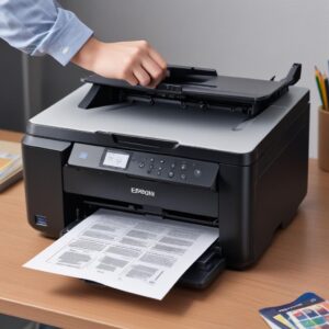 Tangan seseorang sedang memegang print test page dari Printer Epson L3210, menunjukkan hasil cetakan yang jelas dengan warna lengkap dan teks tajam. Ada laptop di latar belakang yang menampilkan software printer utility.