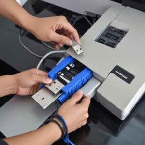 Tangan seseorang sedang mengecek kabel USB yang terhubung antara printer dan laptop, menunjukkan pentingnya koneksi fisik.