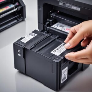 Tangan seseorang sedang mengganti kartrid tinta ke dalam printer inkjet. Fokus pada kartrid dan slot pemasangan, dengan label