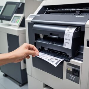 Tangan seseorang sedang menunjuk ke arah daftar harga transparan untuk layanan maintenance printer, dengan ikon