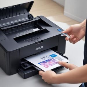 Tangan seseorang sedang menyentuh tombol power pada printer Epson L3210, dengan latar belakang dokumen yang sedang dicetak dengan kualitas baik dan warna cerah.