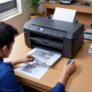 Tangan teknisi profesional sedang memegang bagian dalam printer Epson L3210, dengan waste ink pad yang terlihat jelas, menunjukkan proses servis.