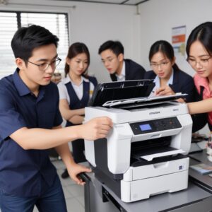Tangan yang memegang sebuah printer Epson L3210 yang bersih dan berfungsi, dengan latar belakang kantor yang modern, menunjukkan efisiensi dan kelancaran bekerja setelah perbaikan.