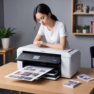 Tangan yang sedang menekan tombol'Printing Preferences' pada layar komputer, dengan latar belakang printer Epson L3210 di meja.