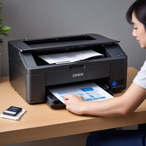 Tangan yang sedang menekan tombol power pada printer Epson L3210 EcoTank dengan latar belakang tumpukan dokumen yang sudah tercetak rapi.