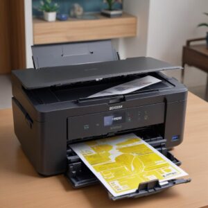 Tangki tinta printer Epson L3210 yang terbuka, dengan fokus pada tangki tinta kuning yang levelnya rendah atau terlihat ada gelembung udara di selang tinta.