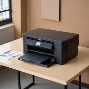 Tiga gambar printer Epson L3210 dan L3250 berdampingan dengan fokus pada perbedaan kecil di bagian panel kontrol atau ikon Wi-Fi, di atas meja kantor yang rapi.