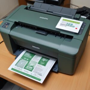 Tiga ikon besar: tanda centang hijau (untuk akurasi), gambar gembok (untuk keamanan hukum), dan sebuah printer (mewakili Epson L3210), di atas latar belakang cerah.