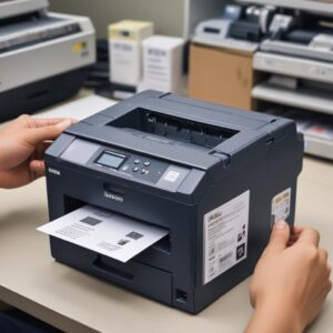 Tiga ilustrasi ikon sederhana: satu ikon obeng dan kunci pas (servis), satu ikon printer bersih tanpa debu, dan satu ikon botol tinta original.